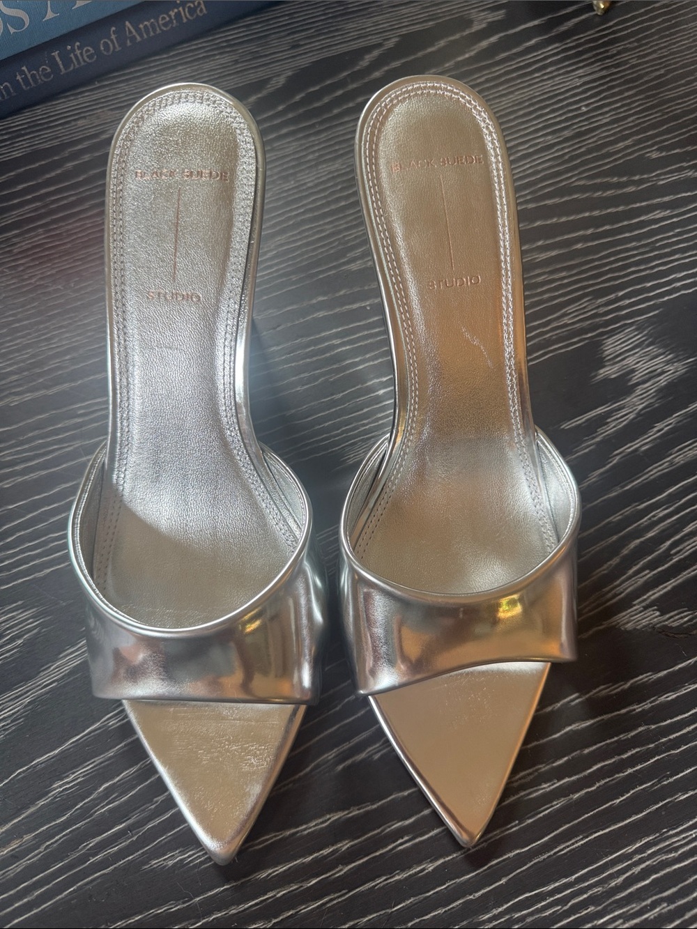 Black Sued Studio Metallic Silver Maeva Mules Wedge Sandals Pointy Toe Sz 38 - Picture 6 of 14